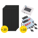 10kW solar kit with 20 Thornova 500W panels, 10 NEP BDM-800 microinverters, SunModo pitched roof mounting, and BDG-256 gateway with WiFi, booster, and outdoor enclosure